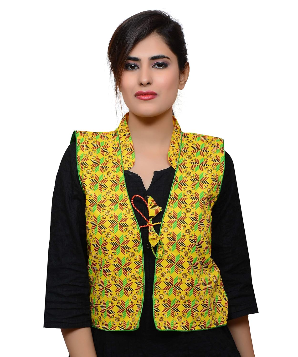 banjara women's poly cotton india kutchi printed jacket (yellow, free size)