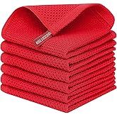 Kitinjoy 100% Cotton Kitchen Dish Cloths, 6 Pack Waffle Weave Ultra Soft Absorbent Dish Towels for Drying Dishes Quick Drying Kitchen Towels Dish Rags, 12 X 12 Inches, Red