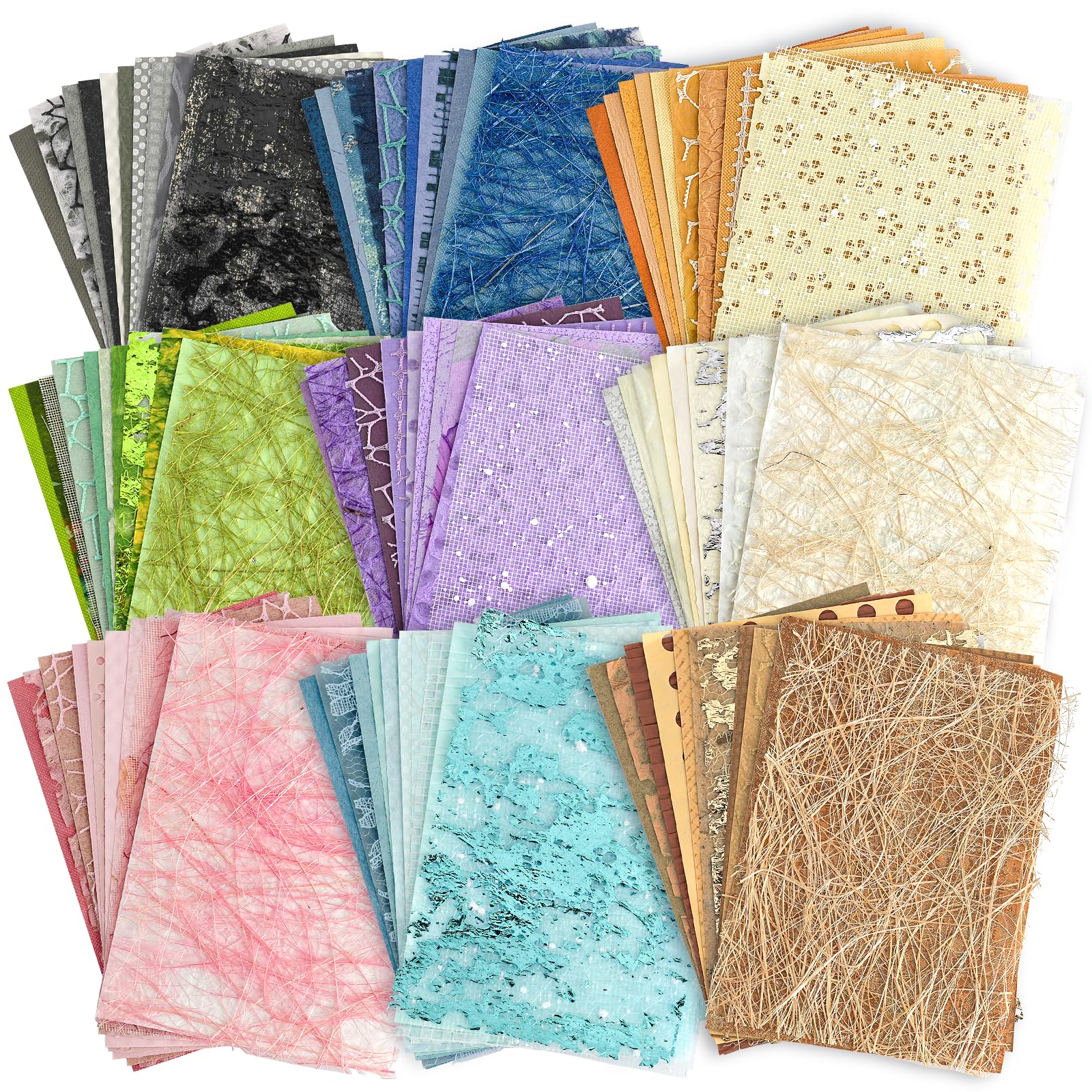 Photo 1 of 108 Sheets Unique Textured Scrapbook Paper and Mesh Fabric Set - 9 Pack No Repeat Special Paper Assorted Mixed for Scrapbooking Planner Junk Journal Supplies Media Collage Card 3.9x5.5 Inch