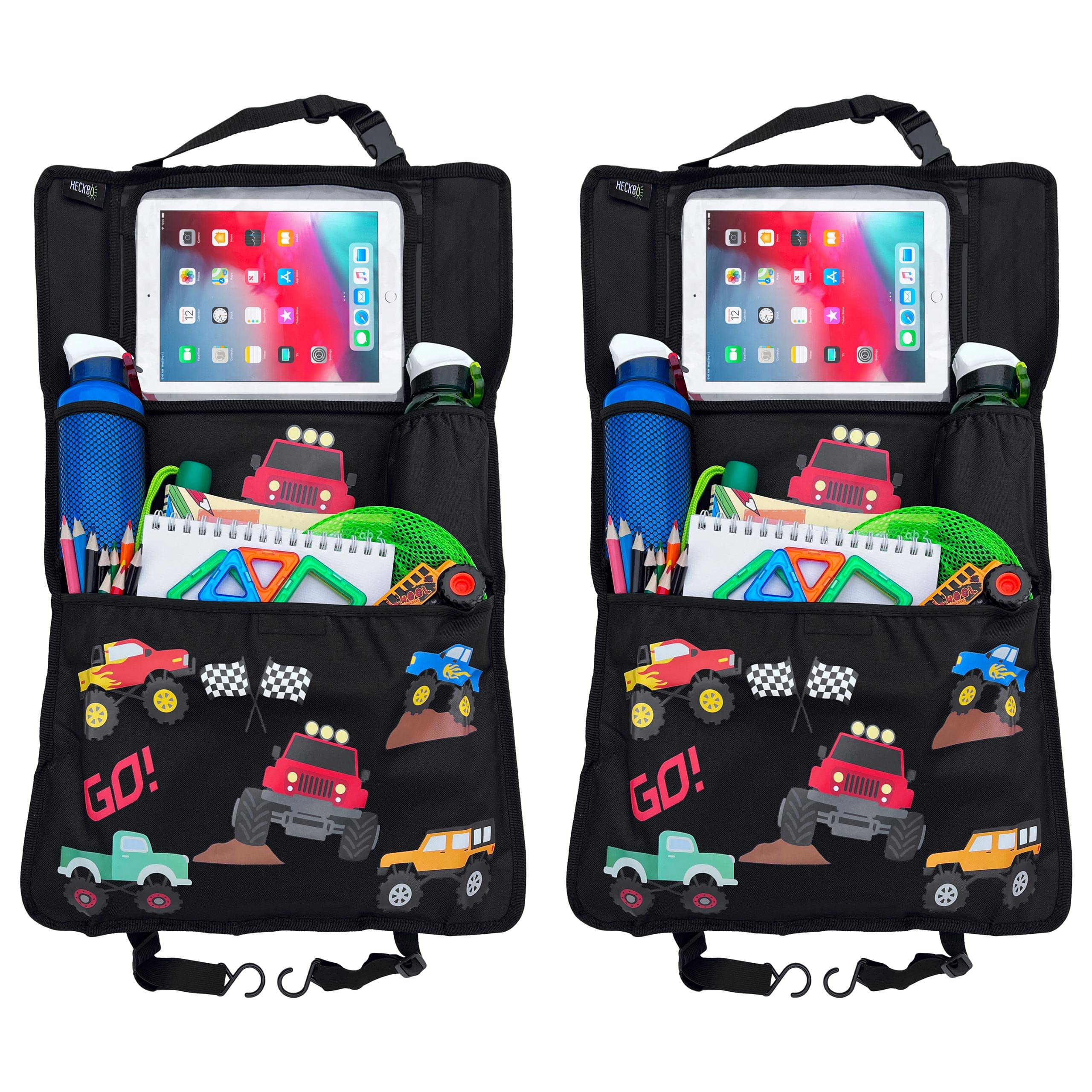 HECKBO 2x Children’s Car Seat Back Protector Organisers with Adjustable Tablet Holder – Monster Truck Design – 70x45 cm – incl. Cup Holder + Storage Net