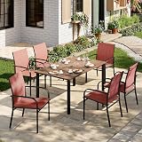 MIXPATIO Patio Table and Chairs Set, Outdoor Dining Set for 6 with Red Chairs and Teak Color Tabletop Outdoor Dining Table, 7-Piece Patio Furniture Set for Deck Backyard Lawn