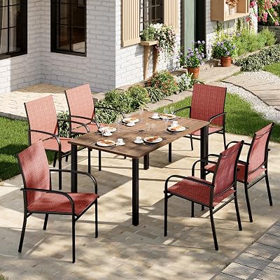MIXPATIO Patio Table and Chairs Set, Outdoor Dining Set for 6 with Red Chairs and Teak Color Tabletop Outdoor Dining Table, 7-Piece Patio Furniture Set for Deck Backyard Lawn