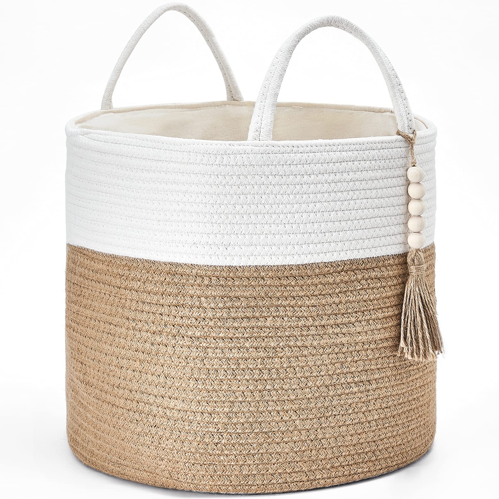 Mkono Woven Storage Basket Decorative Natural Rope Basket Wooden Bead Decoration for Blankets,Toys,Clothes,Shoes,Plant Organizer Bin with Handles Living Room Home Decor, 16"x13",White and Yellow