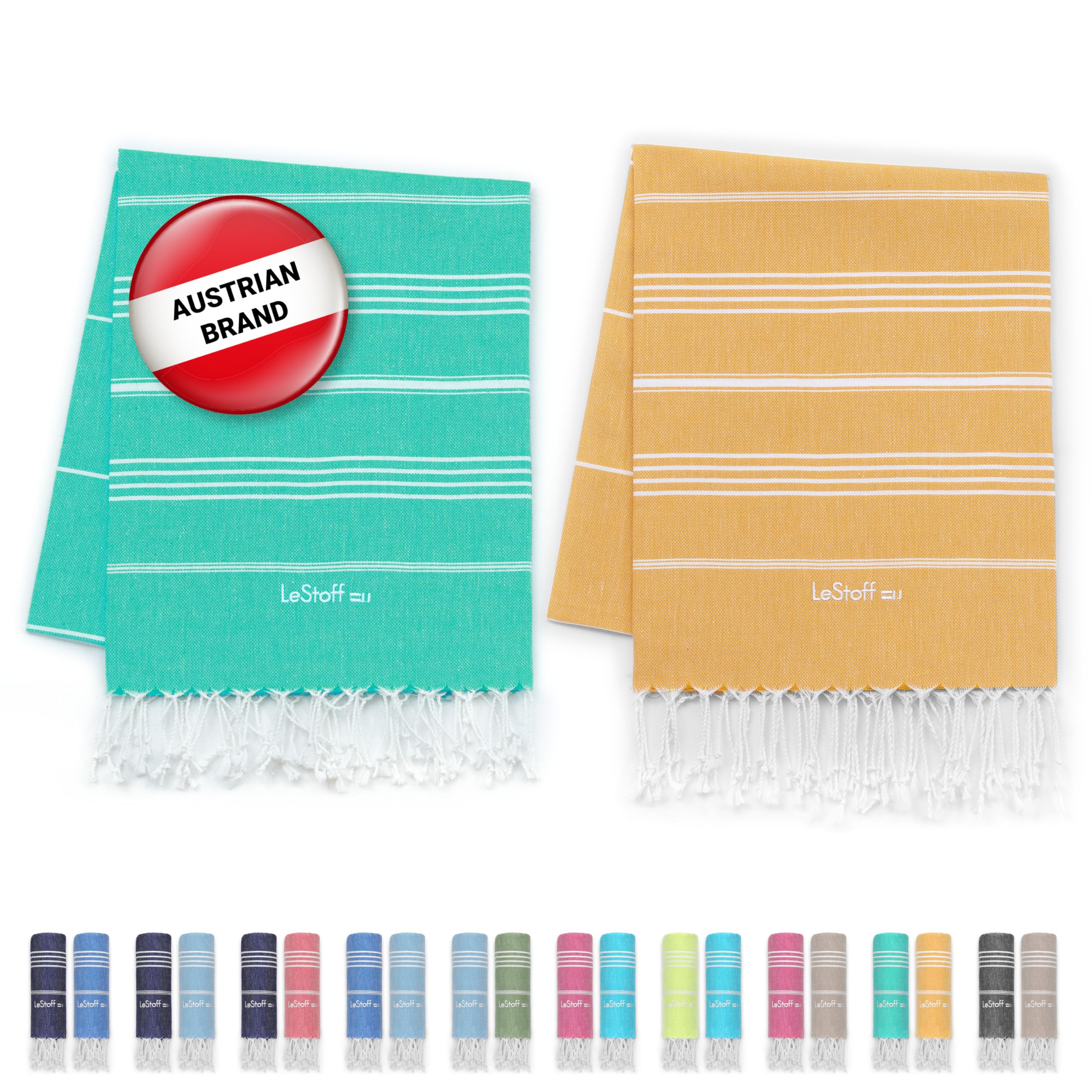 LeStoff Premium Hammam Towel (Set of 2) – 100% Organic Cotton - Pre-washed Sustainable Absorbent & Quick-Drying - Beach, Bath, Shower, Yoga, Spa & Travel Towel (95 x 180 cm, Turquoise - Yellow)