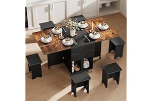 DWVO 7 Pieces Folding Extendable Dining Table Set with 6 Chairs for 6 Peoples, 66.9'' Drop Leaf Wood Kitchen Dining Room Table Set with 2 Storage Drawers & Wheel for Small Space Saving, Rustic Brown