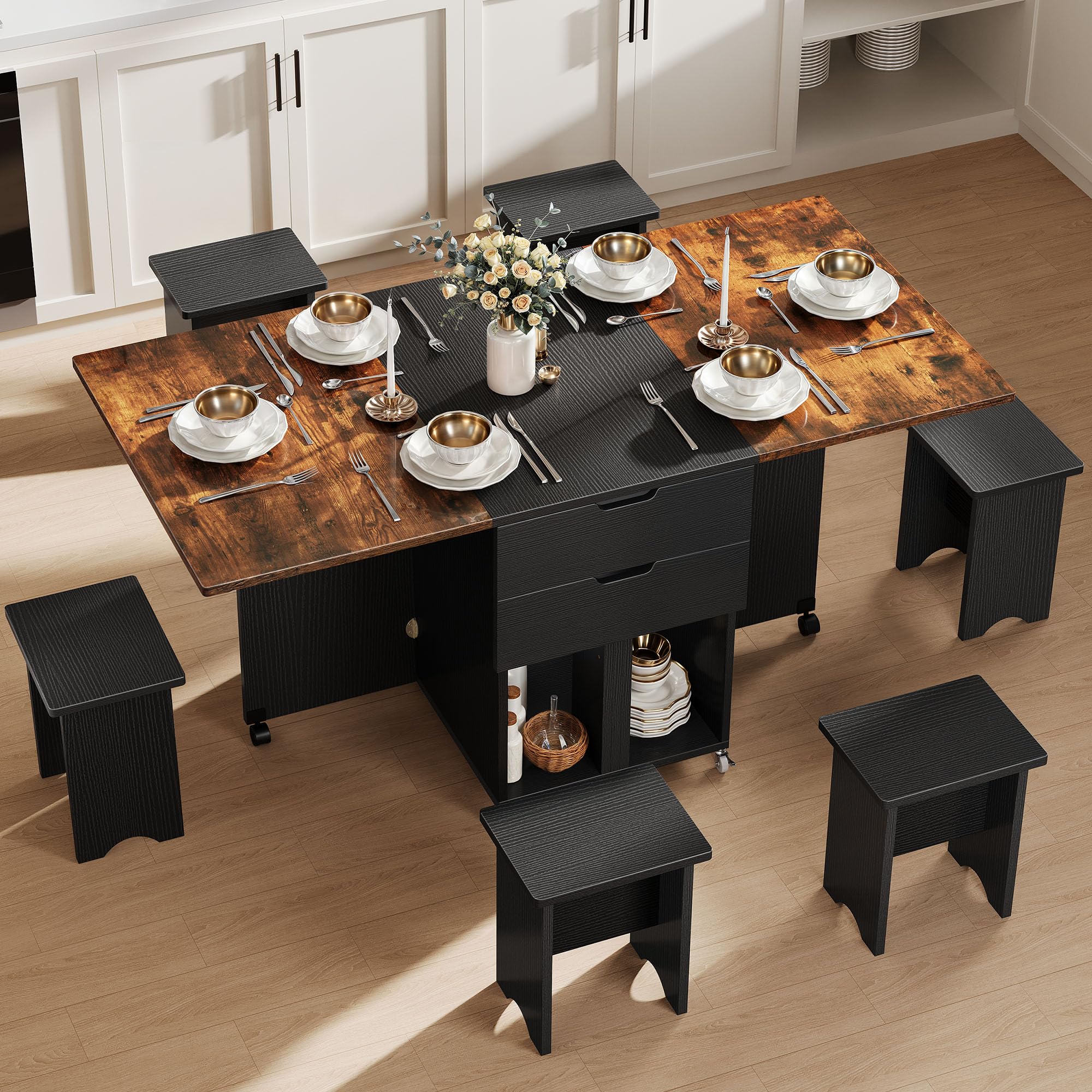Photo 1 of DWVO 7 Pieces Folding Extendable Dining Table Set with 6 Chairs for 6 Peoples 66.9" Drop Leaf Wood Kitchen Dining Room Table Set with 2 Storage Drawers & Wheel for Small Space Saving Rustic Brown 2 box set 