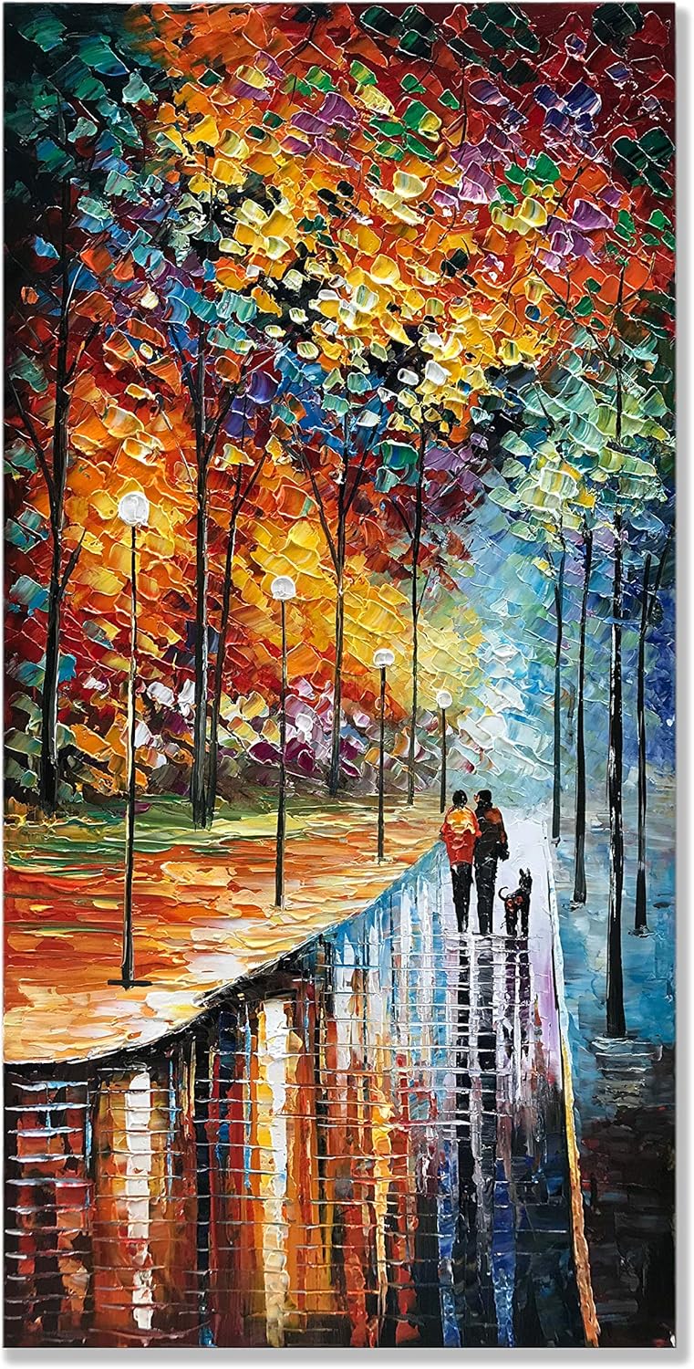 Paintings - Alenoss 3D Modern Oil Painting on Canvas Abstract Paintings Vertical Large Wall Art 24x48 inch Romantic Couples Walk Contemporary Art Blue Artwork Ready to Hang