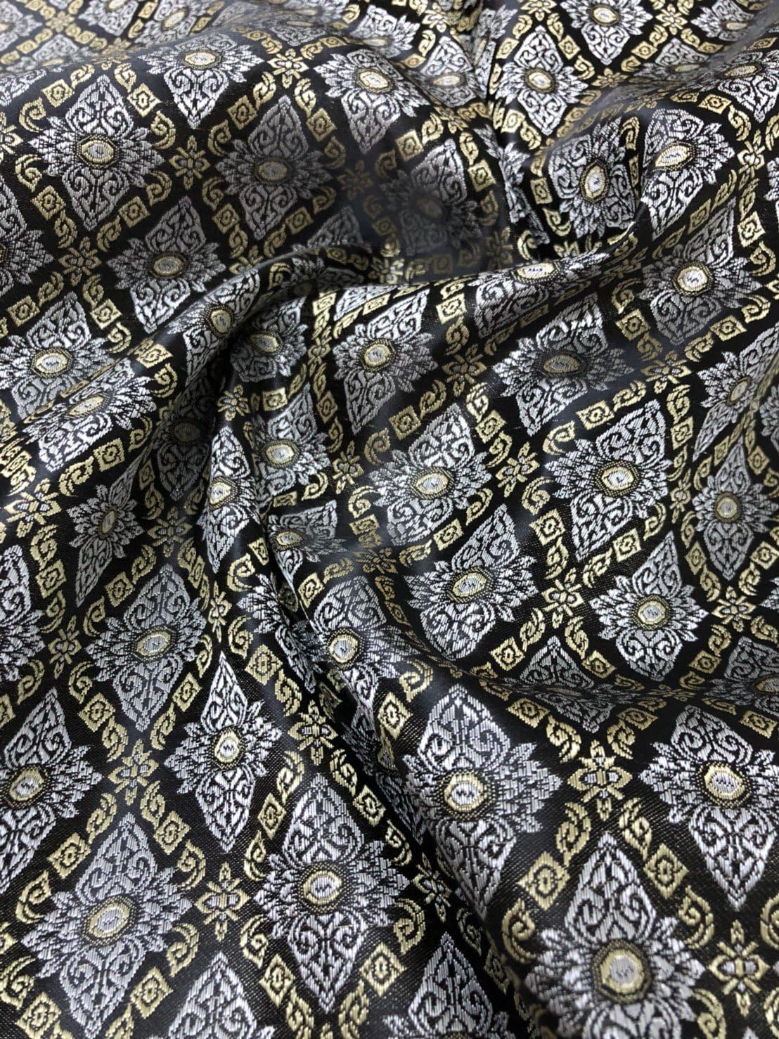 60"W Thai Silk Damask Traditional Pattern Fabric BTY (Black & Gold)