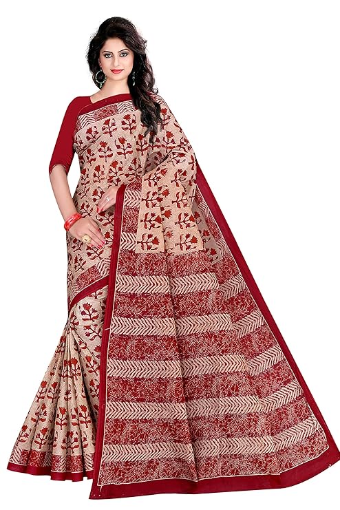 Women's Pure Cotton Saree Without Blouse Piece (8012malmalnobp, Maroon and Beige)