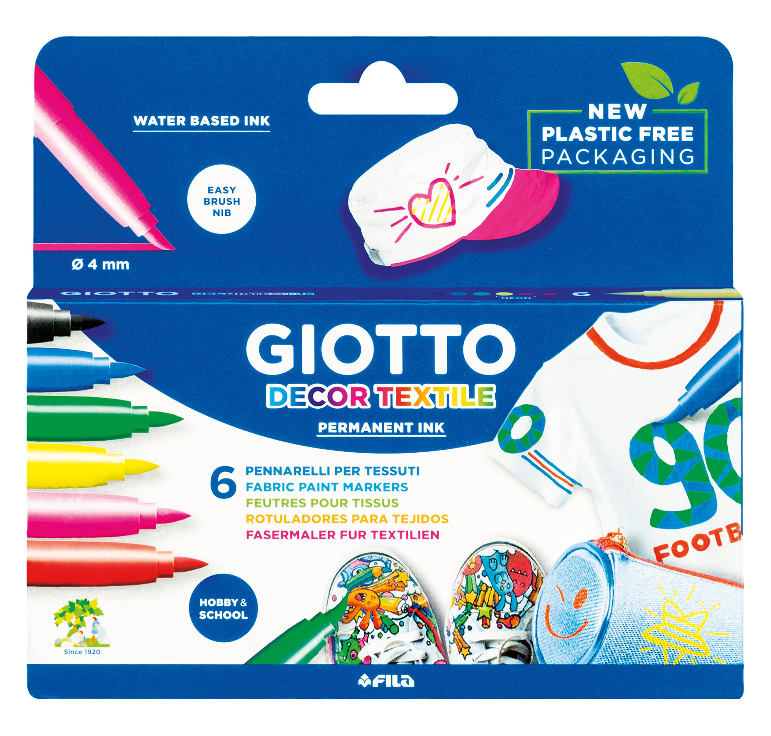 GIOTTO Decor Textile Fabric Pen Markers for Children, Box of 6 Assorted Colours, Clothes/Bags/T-Shirts, Dress Up, For Home and Schools