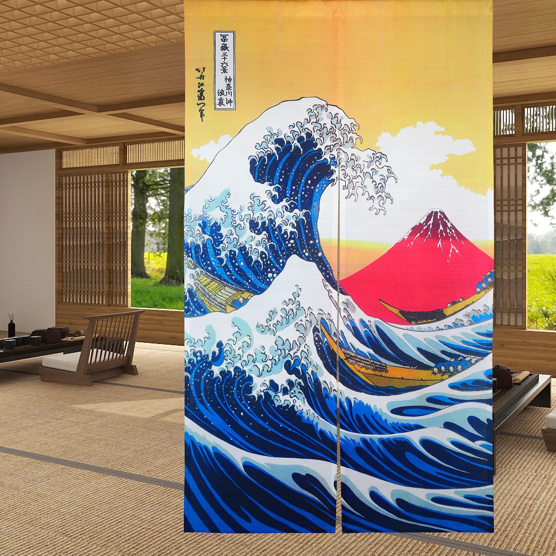 LIGICKY Japanese Noren Doorway Curtain Ukiyoe Hokusai The Great Wave off Kanagawa Mount Fuji Door Hanging Tapestry for Home Decoration 33.5 x 59 inch