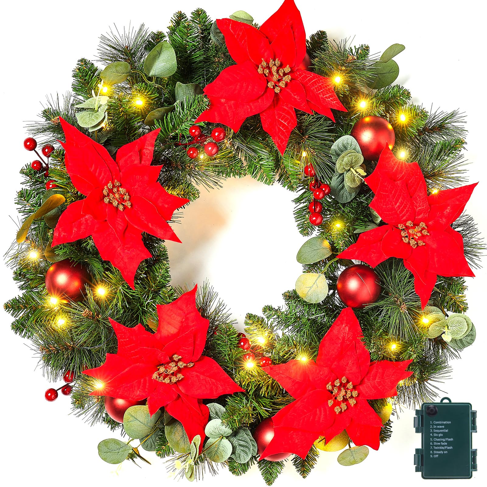 Photo 1 of 24 Inch Prelit Christmas Wreath, Artificial Christmas Wreath for Front Door with LED Lights, Pine Needles, Red Berries and Flowers, Reef for Door Window Mantel Indoor/Outdoor Home Decoration