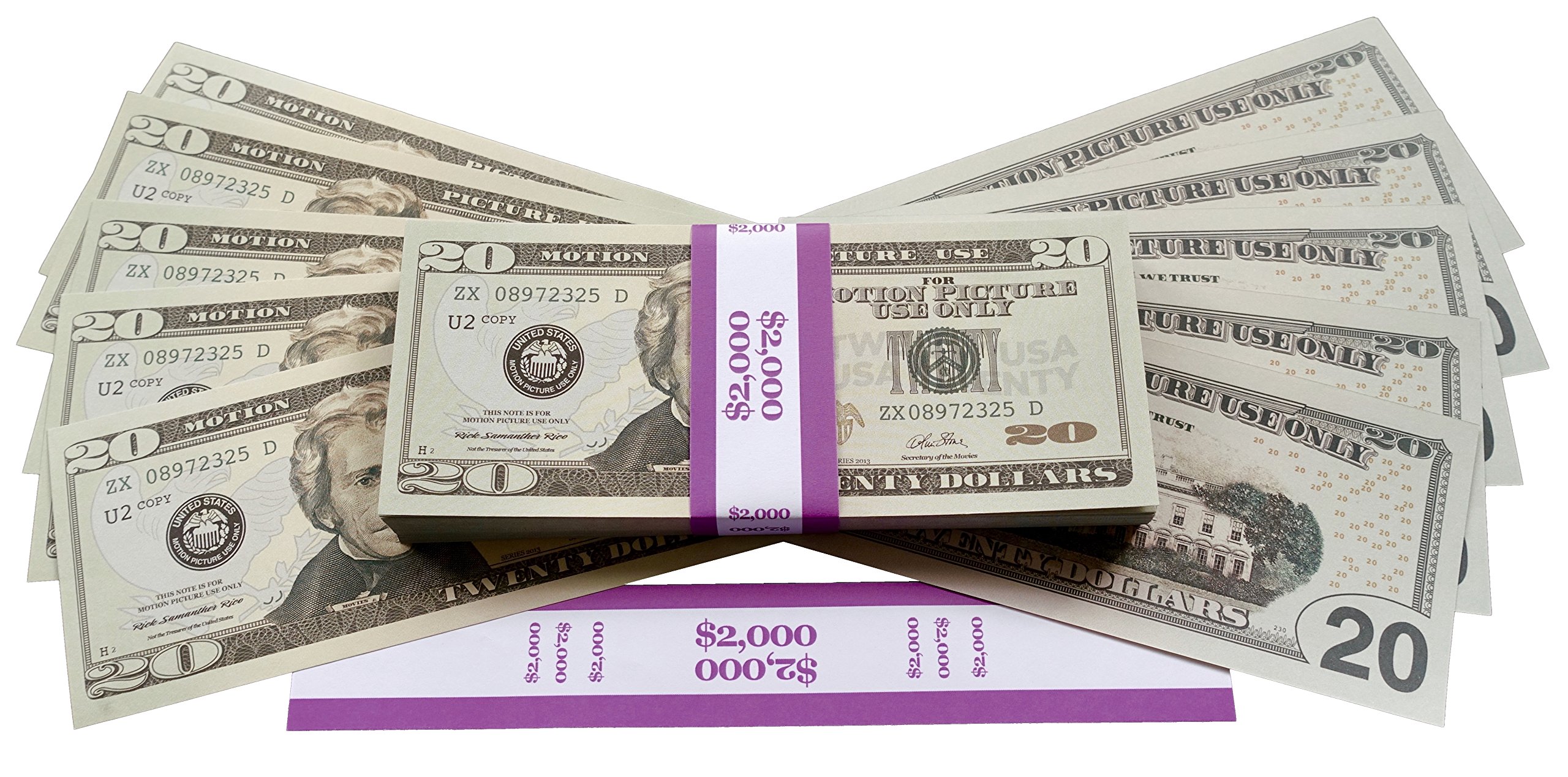 Big Screen Stacks - PROP MONEY DOLLARS - $2,000 FULL PRINT 20 DOLLAR BILLS, in Authentic Bank Strap. For Movies, Films, Money Guns Cash Cannon Play Fake Money, Party's, Casino Games