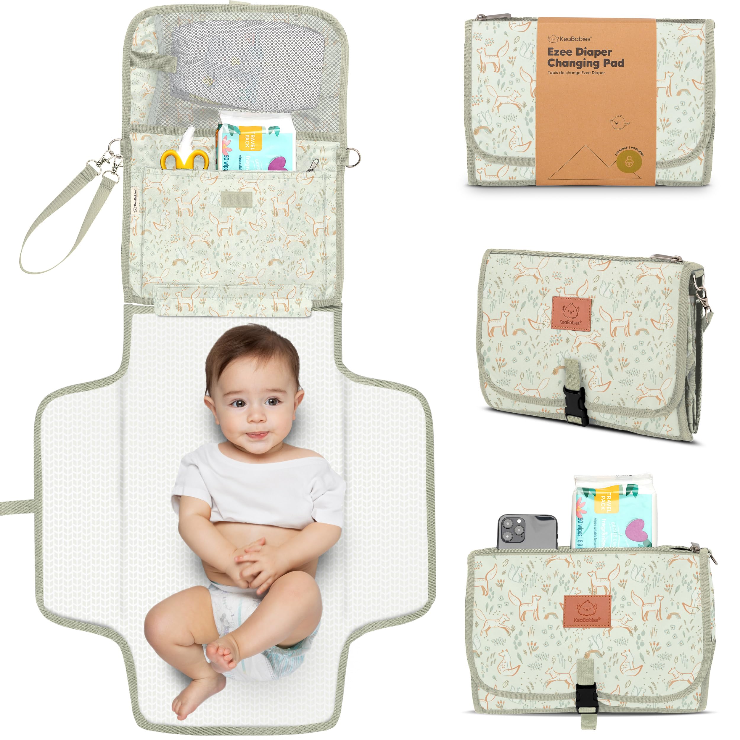 Photo 1 of KeaBabies Portable Diaper Changing Pad - Large Waterproof Baby Changing Mat, Compact Travel Diaper Clutch, Functional Pockets Fit Newborn Essentials, Wipeable & Padded Baby Changer (Fox Vale)