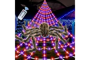 SEIFAR Halloween Spider Web Lights Giant Spider, 16.4Ft 450 LED Lighted Spider Web with with 8 Lighting Modes Waterproof & Timer for Indoor Outdoor House Haunted Yard Decor,Purple&Orange