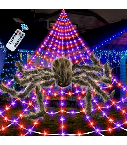 Halloween Spider Web Lights With Giant Spider - 16.4ft 450 LED Web, 8 Modes, Waterproof Outdoor Decor