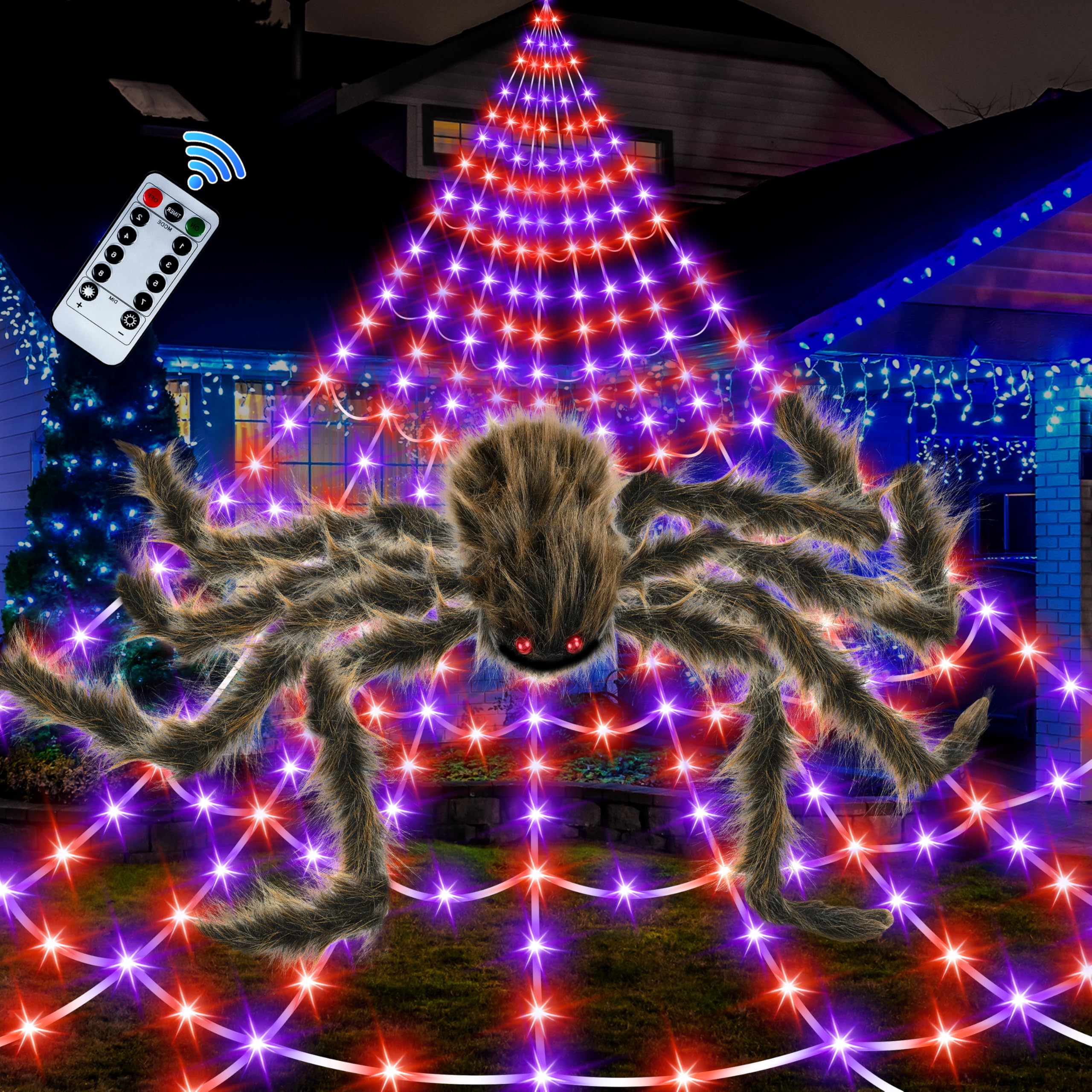 Photo 1 of Halloween Spider Web Lights Giant Spider, 16.4Ft 450 LED Lighted Spider Web with with 8 Lighting Modes Waterproof & Timer for Indoor Outdoor House Haunted Yard Decor,Purple&Orange