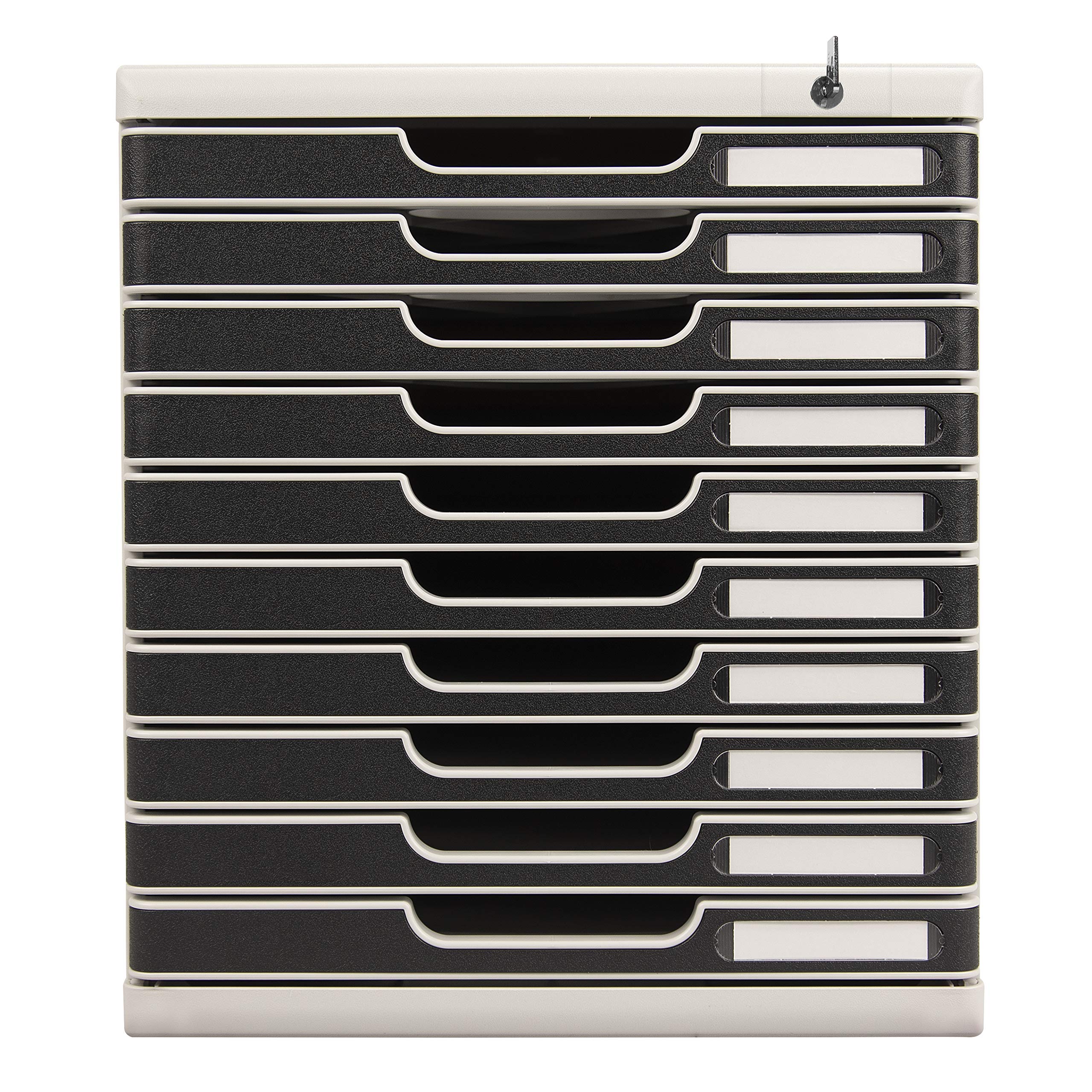 Exacompta - Ref 332014D - Modulo Drawer Set with Key Lock - 350 x 288 x 320mm in Size, 10 Drawers (26mm Height), Smooth Opening, Keys Supplied - Office Light Grey/Black