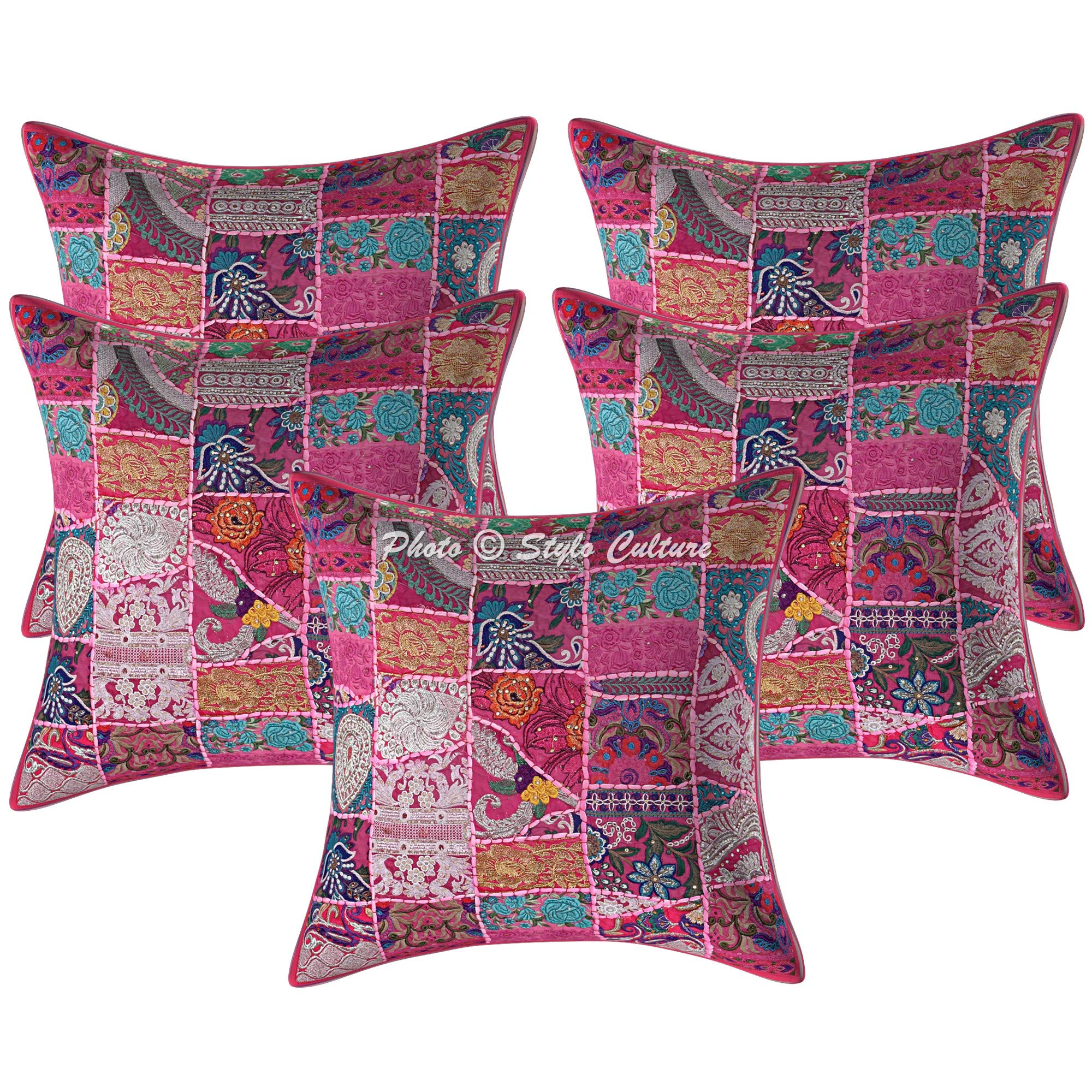 Stylo Culture Indian Cotton Vintage Fabric Patchwork Boho Cushion Covers Large 60 x 60 cm Pink Abstract 24x24 Inch Embroidered Square Couch Lounge Floral Throw Pillowcases - (Set Of 5 Pcs)