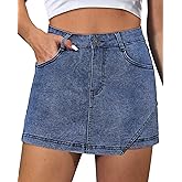 LOOKUB Denim Skorts for Women Skirt Stretchy High Waisted Womens Skirts Asymmetrical Hem Mini Jean Skirt with Shorts