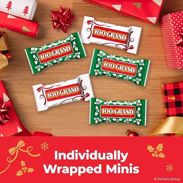 100 GRAND MINIS, MINI-SIZE MILK CHOCOLATE HOLIDAY CANDY BARS WITH CARAMEL, INDIVIDUALLY WRAPPED FOR GIFTING AND SHARING, 9.2 OZ