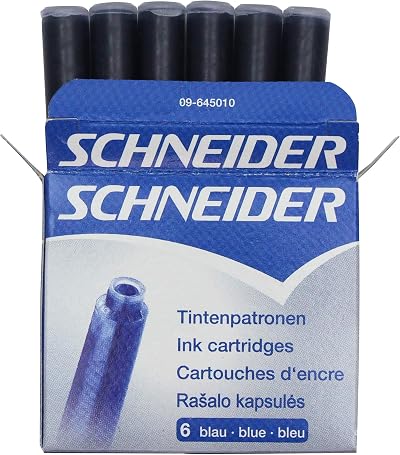 Schneider Ink Cartridges Blue Fountain Pen Refills Box of 6 Standard Size