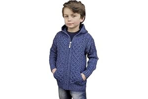 Aran Crafts Kid's Irish Cable Knitted Hooded Zip Cardigan (100% Merino Wool)