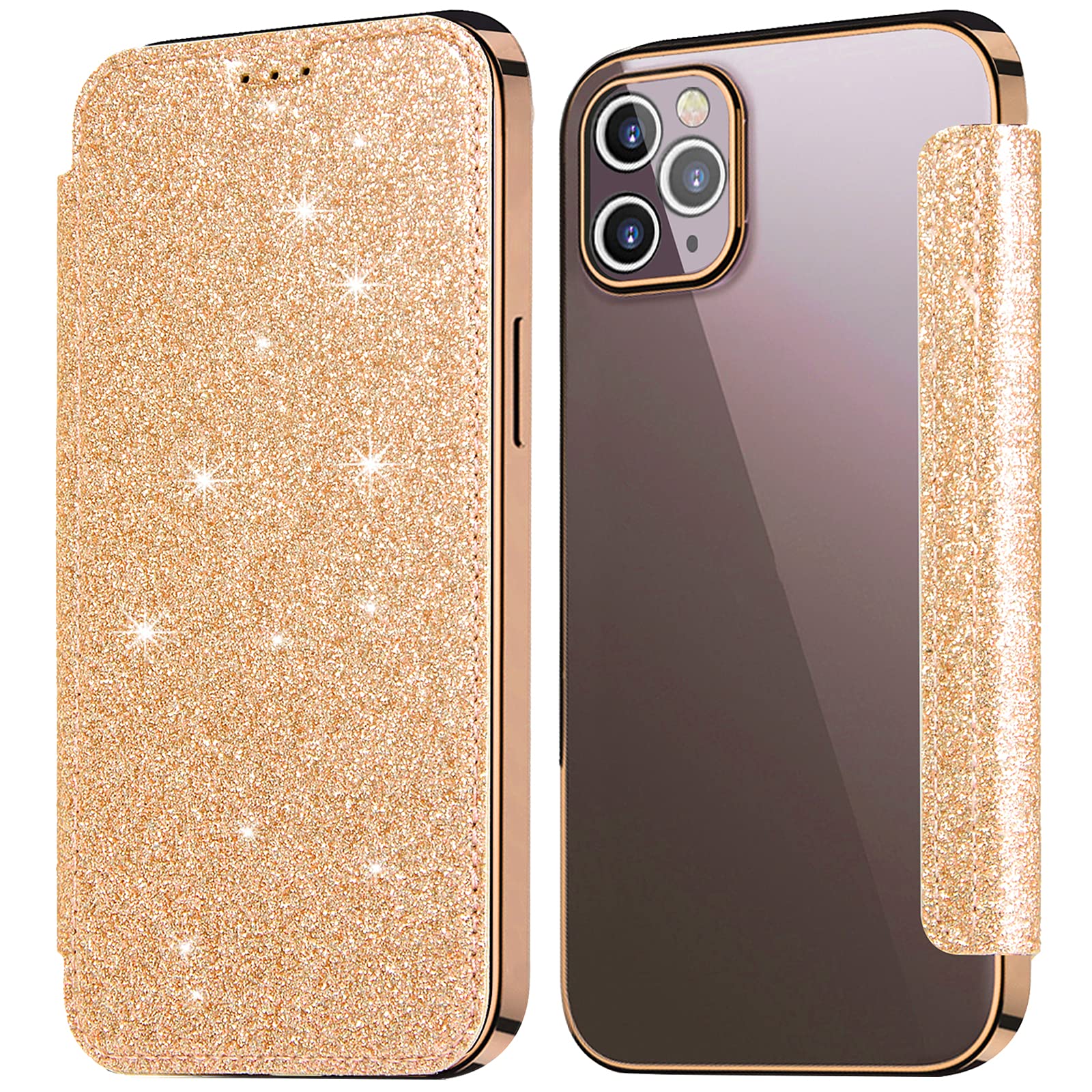 KOUYI Compatible with iPhone 13 Pro Case, Glitter Bling Sparkly Ultra-Slim PU Leather Folio Flip Case with Card Slot & Bling Soft TPU Back Cover Case for iPhone 13 Pro 6.1 Inch (Gold)