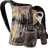 FENRIR Viking Drinking Horn Mug Set 16 oz – Gifts for Men, Dad, Husband – Unique Viking Gift – Handmade Real Ox Horn Cup with Shot Glass & Opener – For Beer, Ale, Mead (Natural Finish)