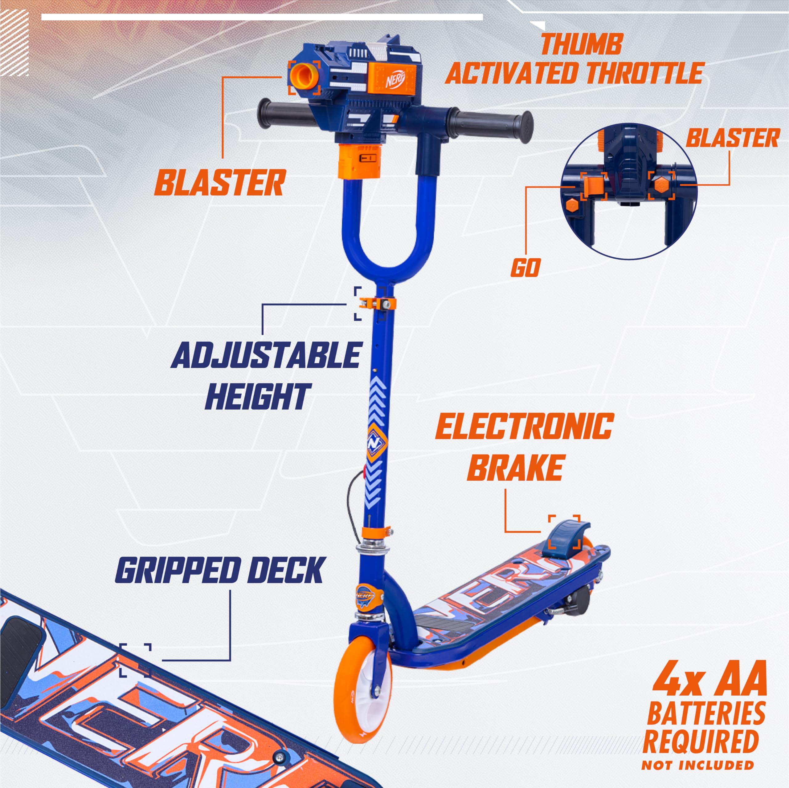 NERF Kids Electric Scooter - Kick Scooter, NERF Blaster, Fires Up to 60 Feet, Adjustable Height, Anti-Slip Deck, Rear Brake, E Scooter for Kids, Kids Scooter, Outdoor Toys, Ages 8+, Up to 185 lbs