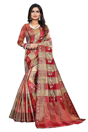 COTTON SHOPY Womens Kanjivaram Cotton Silk Blend Checked Saree with Blouse Piece