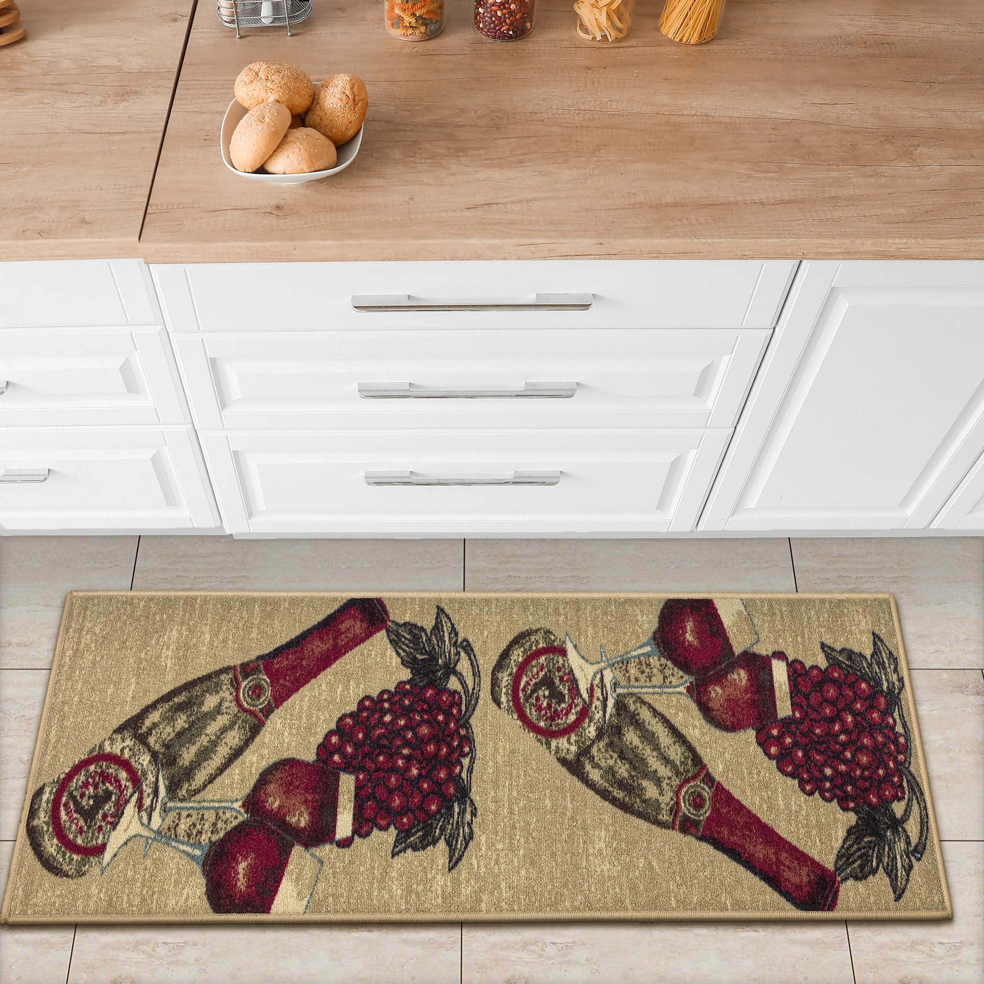 Ottomanson Siesta Collection Kitchen Wine Design Rubberback Runner Rug, 50 cm x 150 cm, Beige Wine โ image 1