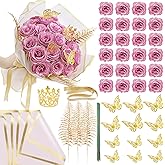 Glitter Roses Bouquet DIY Pink Roses Artificial Flowers Bouquets, 24 Pack Fake Shiny Flowers with Stems Eternal Floral for Elegance Wedding Bouquet Anniversary Birthday Love Gift