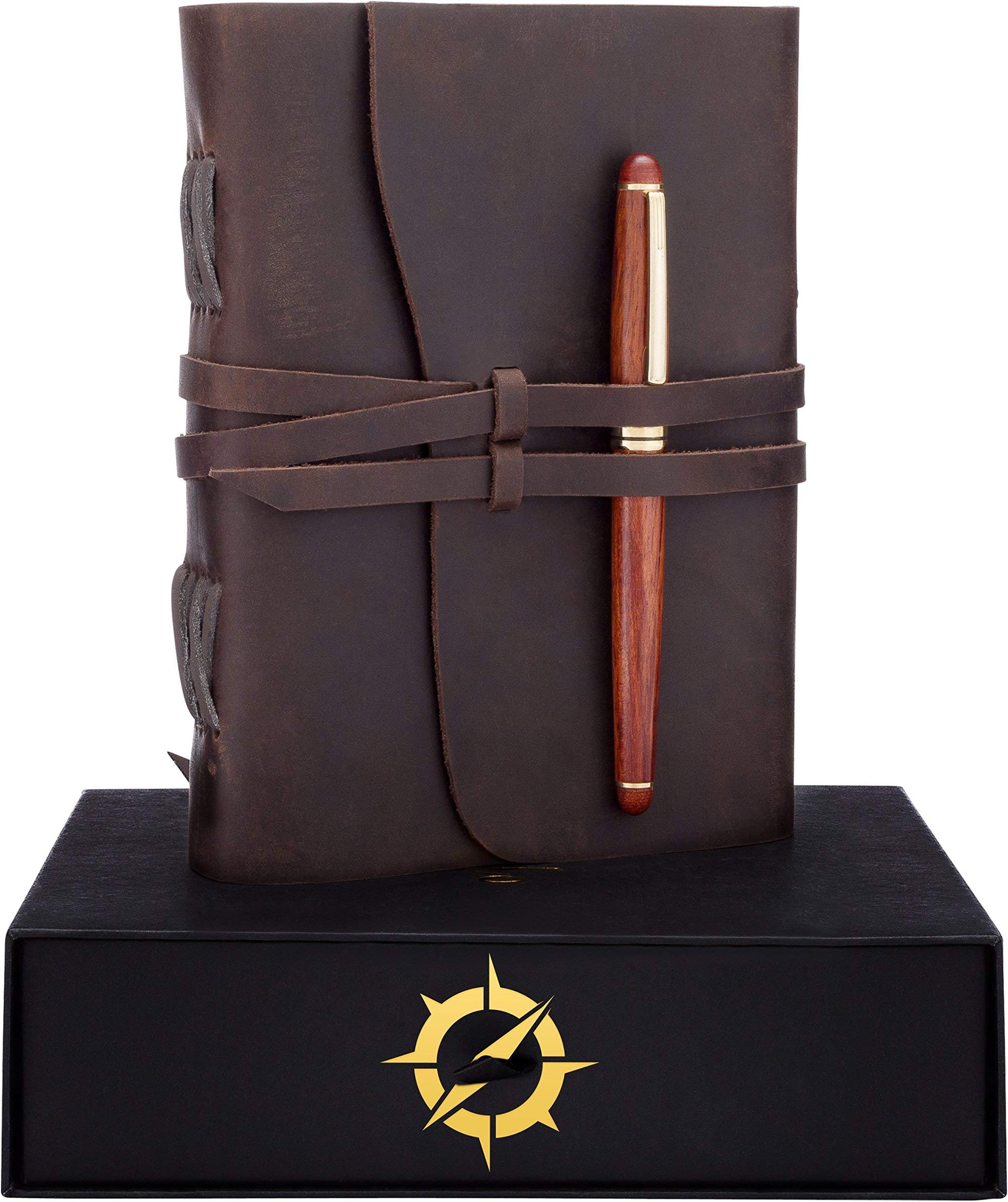 Leather Journal Lined Paper Ivory - Wood Pen Gift Set- Handmade Refillable Notebook Leather Bound Journal Lined Pages Best Writing Journals with lined paper Men Women