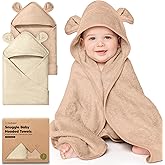 KeaBabies 2-Pack Hooded Baby Towels for Newborn - 30x30 Soft & Absorbent Viscose from Bamboo Baby Bath Towels with Hood for Infant, Toddler,Kids,Boys Girls,Newborn Bath Essentials (Almond, Petite)