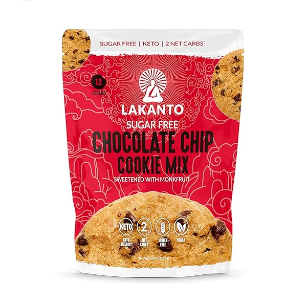 LAKANTO SUGAR FREE CHOCOLATE CHIP COOKIE MIX – SWEETENED WITH MONK FRUIT SWEETENER, GLUTEN FREE, KETO DIET FRIENDLY, VEGAN, 2G NET CARB, ALMOND FLOUR, SEA SALT (12 COOKIES)