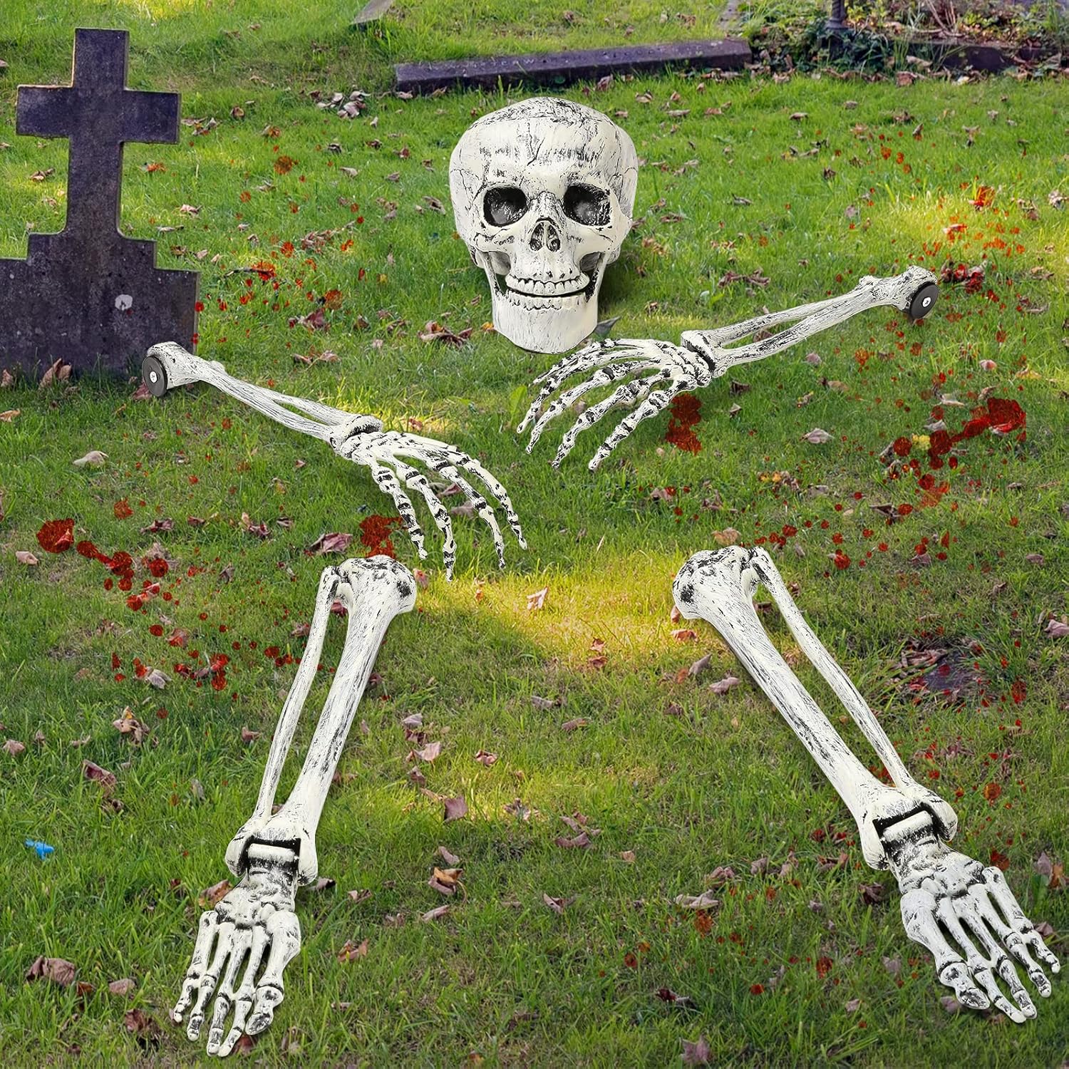 Decorative Garden Stakes - Realistic Skeleton Bones and Skull Halloween Decoration Set of 5 Skeleton Stakes Halloween Skeleton Plastic Skeleton Decoration Include Skull Arm Hand Leg Feet for Outdoor Yard Garden Graveyard Decor