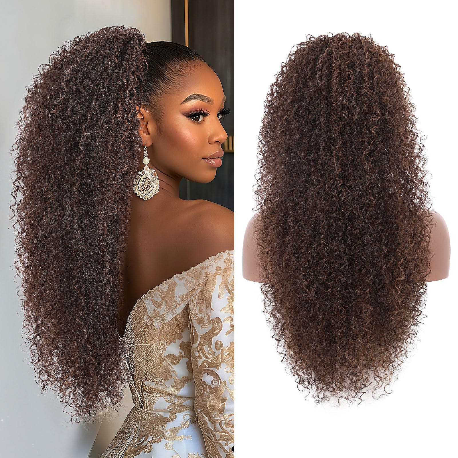 Photo 1 of Youthfee 27” Drawstring Ponytail Deep Curly Heat Resistant Human Hair Blended Instant Clip Ponytail Extension Protective Style Brown Afro Kinky Curly Hair Pieces for Women