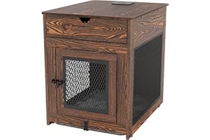 Piskyet Dog Crate Furniture,Wooden Dog Crate End Table with Storage Drawer&Cushion&Tray, QC3.0 Wireless Fast Charging&Dual USB, Dog Crate Indoor Kennel for Medium - Rustic Style