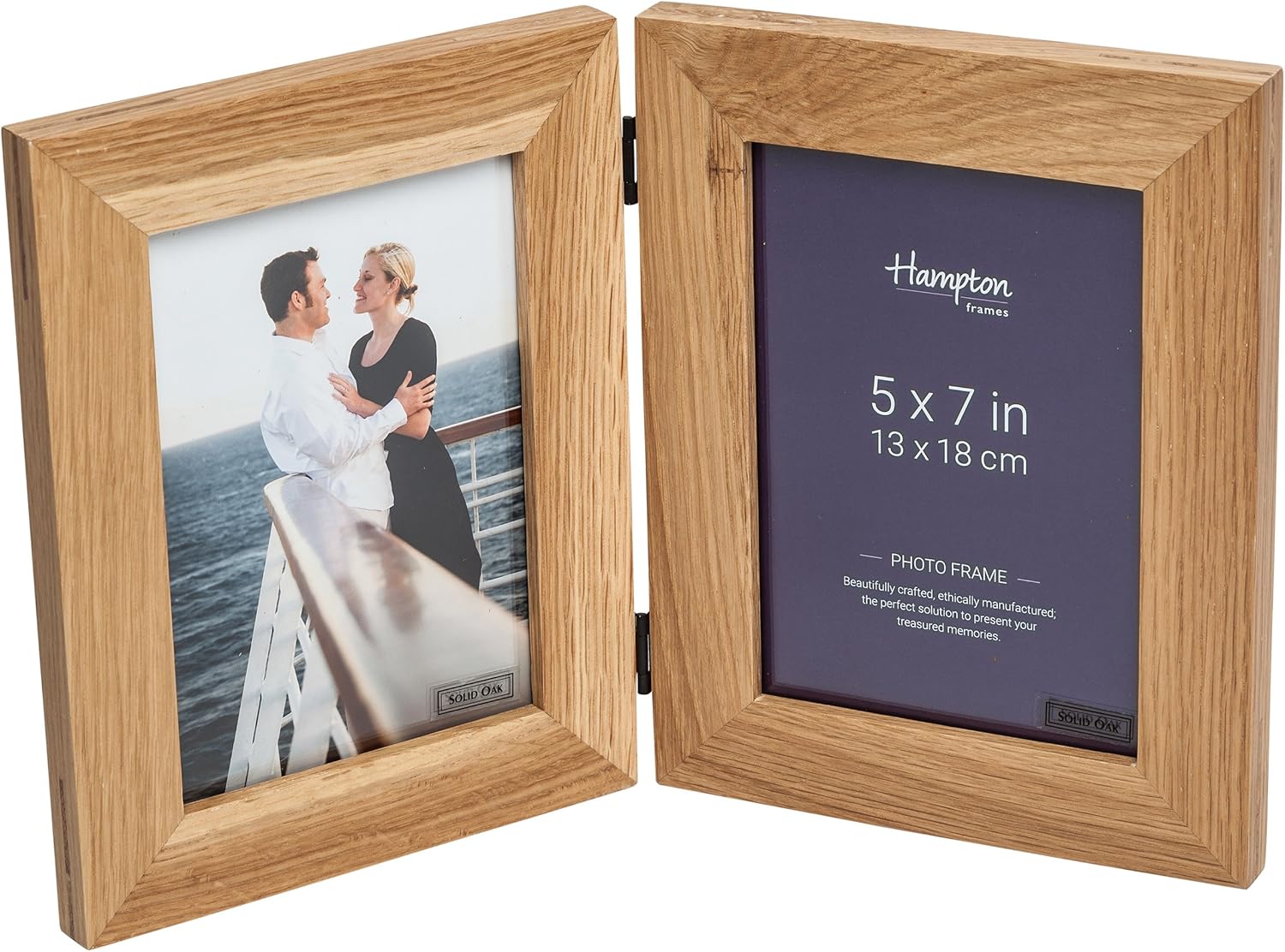 New England Solid Oak Wood 5x7" (13x18cm) DOUBLE Vertical Hinged Photo