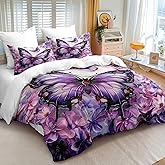 CCoutueChen Purple Butterfly Comforter Set Queen Size Chic Flower Butterfly Bedding Sets Botanical Plants Comforter Quilt Boho Animal Bed Set 3Pcs Soft Fluffy Comforter for Girls Women Adult Room