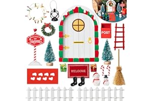 Haooryx Christmas Elf Garden Miniatures - 22Pcs Christmas Magic Fairy Doors Decoration Kit Wooden Miniature Fairy Doors Xmas Elf Magic Door Wall Fairies Xmas Winter Xmas New Year Decor(White Door)