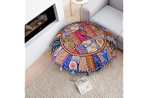 ShakDeco Cotton Khambadiya Cushion Pouf Cases Ottoman Sham Patchwork Large Round Floor Pillow Cover Meditation Cushions Cover 32" Inch (Blue)