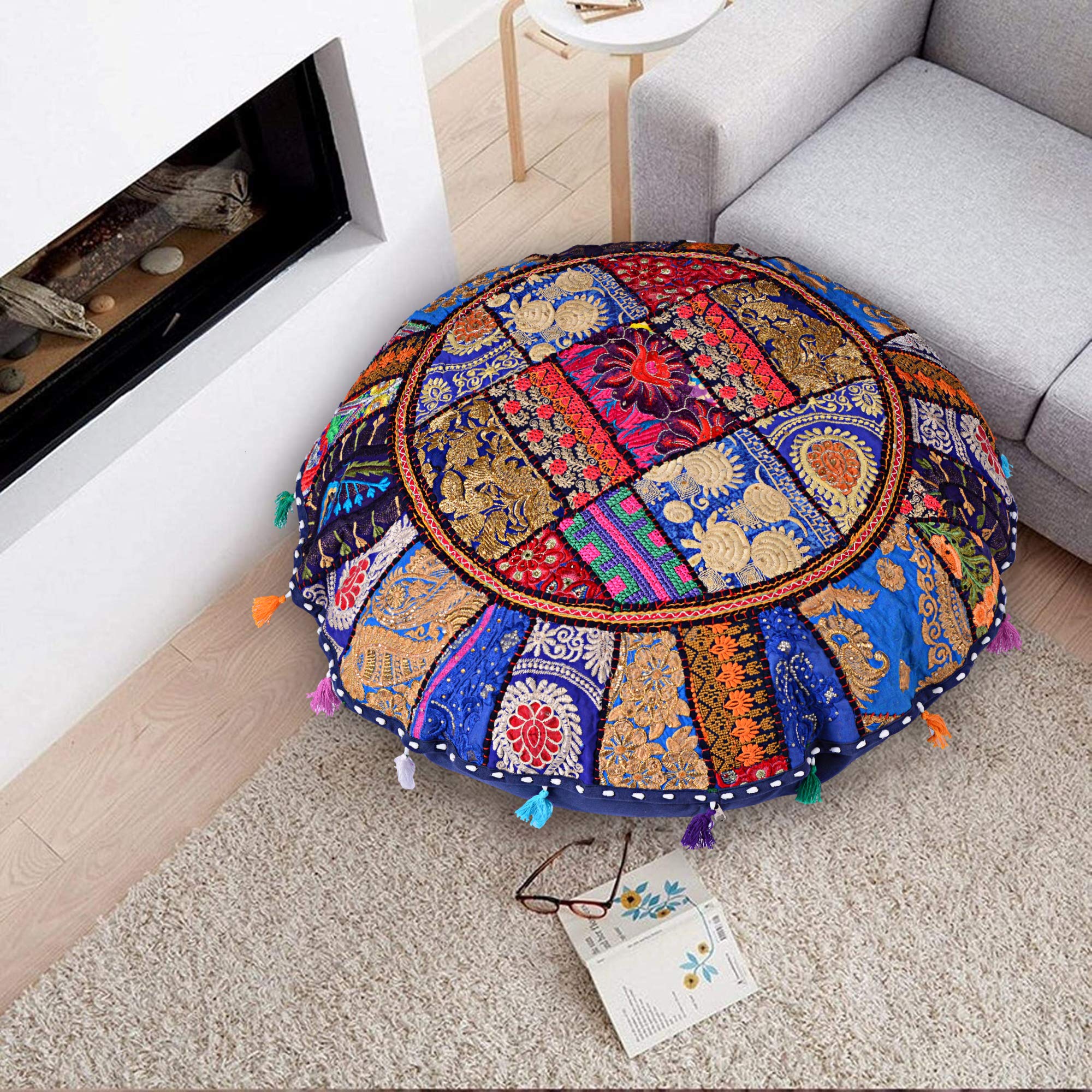 Rajasthani Vintage Patchwork Cushion Cover Embroidered Floor Pillowcase Khambadiya Pouf Cover Boho Meditation Pouf Footstool Cover Home Decor Tassels Pillow Sham (Blue, 32X32 Inches)