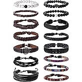 Tornito 15Pcs Braided Leather Bracelet Boho Cuff Wrap String Wood Bead Woven Ethnic Stretch Wristbands Bracelets Set for Men Women Size Adjustable