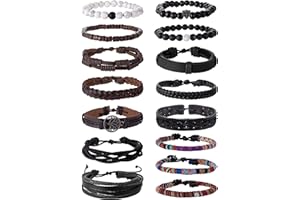 Tornito 15Pcs Braided Leather Bracelet Boho Cuff Wrap String Wood Bead Woven Ethnic Stretch Wristbands Bracelets Set for Men Women Size Adjustable
