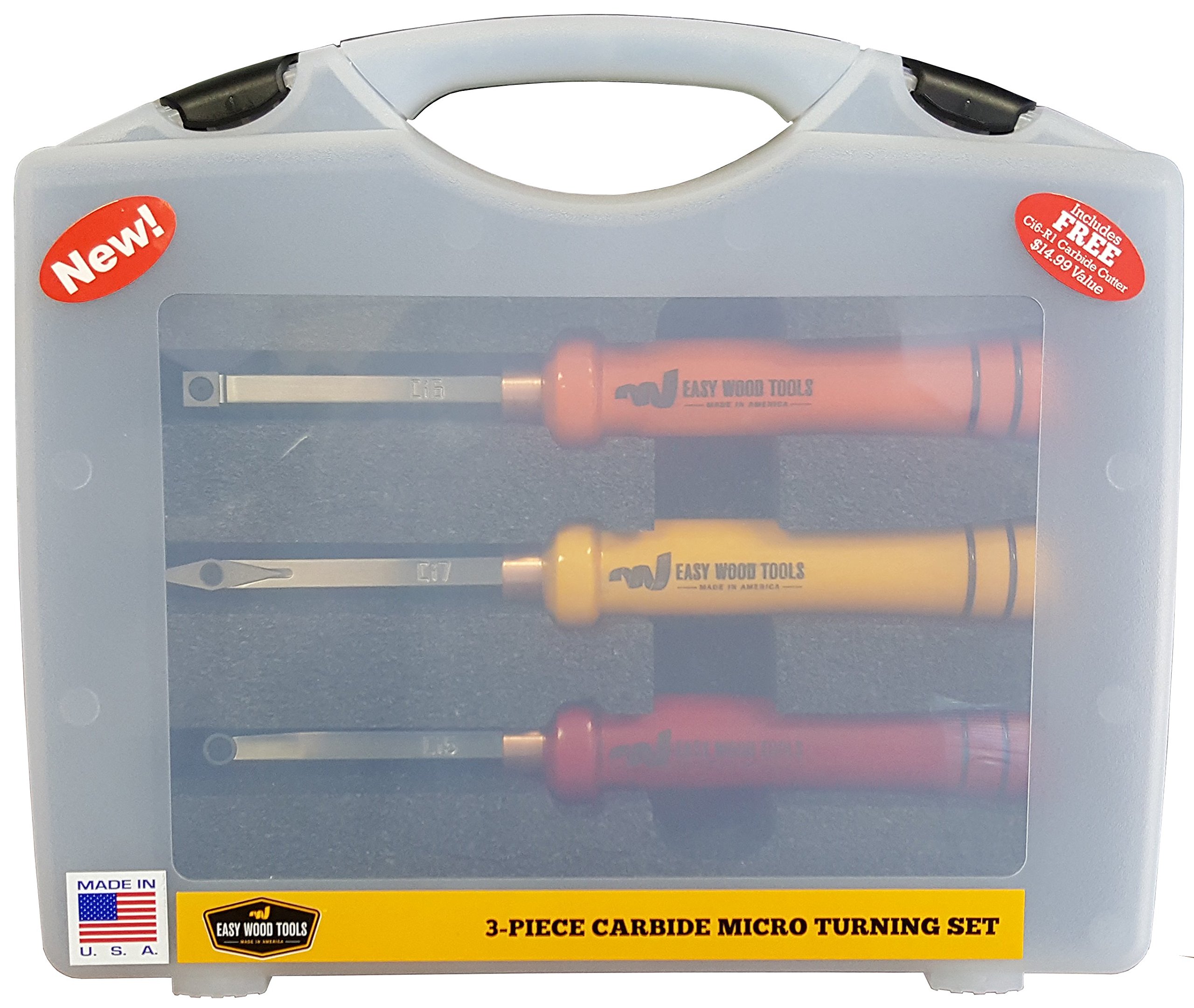 Easy Wood Tools 3-PC Easy Micro Set (12021) Wood Turning Tools Set with Bonus "Ci6-R1 Free Cutter". Set Includes Rougher, Finisher, Detailer as Well as a Sturdy Plastic Carrying case.