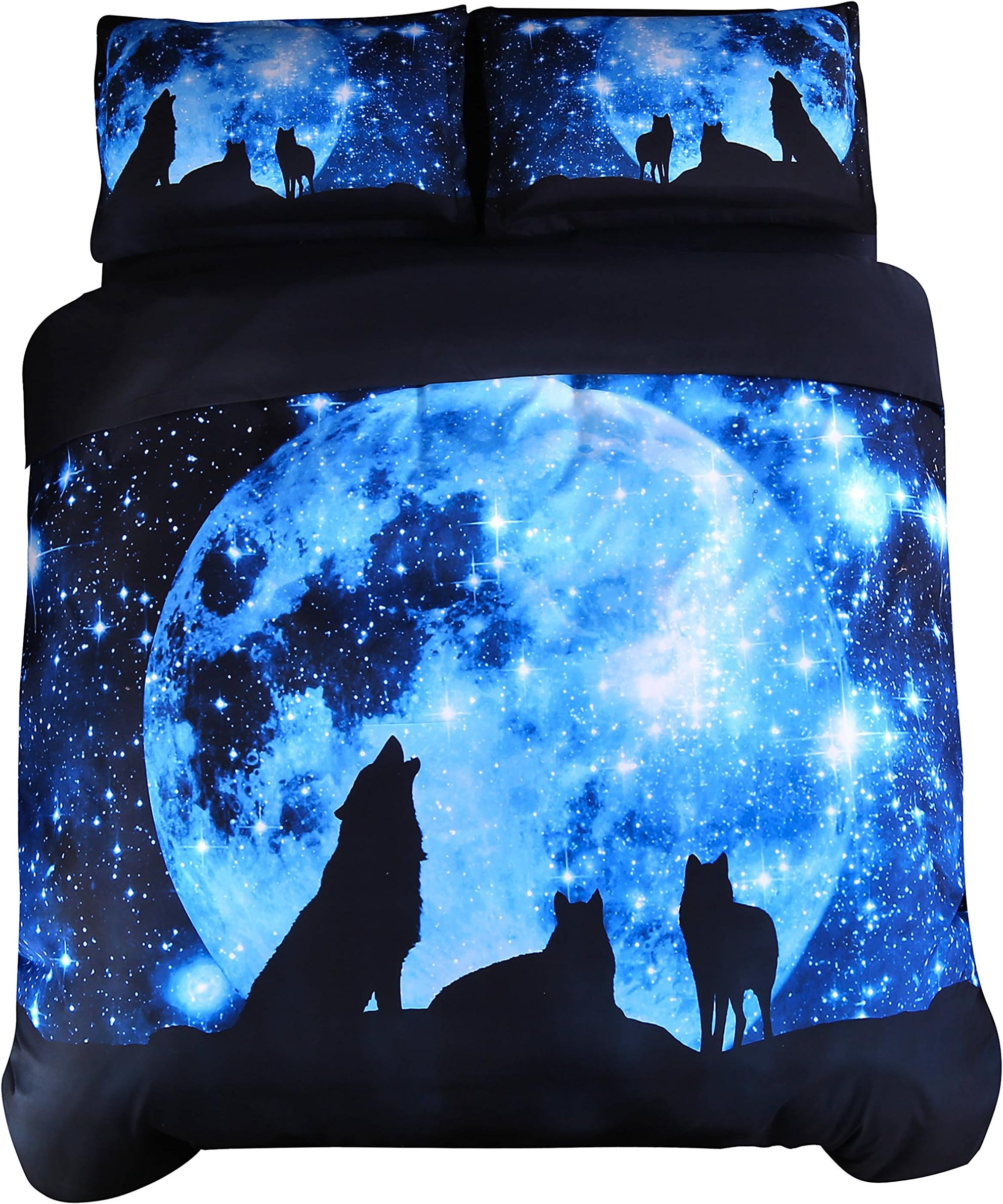 Ammybeddings 5 Piece Soft 3D Bedding Sets, Twin Size, 3D Luxury Blue Wolf and Galaxy Comforter Cover Set,1 Black Bed Sheet,1 Quilt/Duvet Cover, 1 White Comforter and 2 Pillow Shams Included
