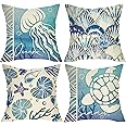 Fjfz Summer Ocean Blue Decorative Throw Pillow Covers 18 x 18 Set of 4, Coastal Jellyfish Sea Turtle Shell Conch Porch Outdoor Home Decor, Beach Nautical Starfish Coral Seasonal Couch Cushion Case