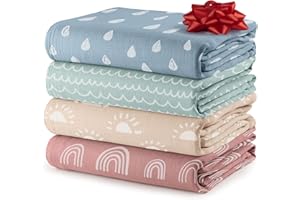 Comfy Cubs Muslin Swaddle Blankets Pack of 4, 47 x 47 Inches, Soft Cotton Baby Blanket Set, Large Multipurpose Swaddling Wraps for Newborns - Self-Soothing Swaddle - Sun, Rainbow, Rain, Doodle